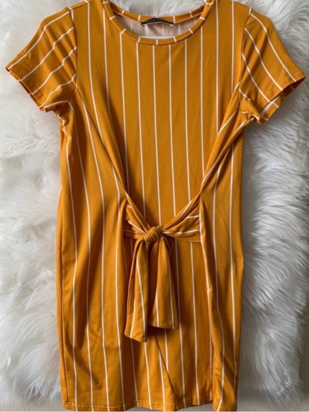 Blue Blush Mustard Yellow Striped Tie Front Mini Dress